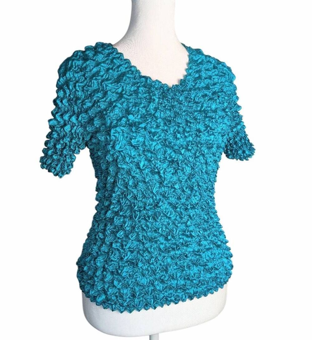 Vintage 90s Y2K Teal Blue FC popcorn scrunch crinkle top one size S-L